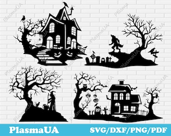 Scène d'Halloween Svg pour Cricut, clipart Halloween, heureux automne Svg, Dxf pour découpe laser, maison hantée Svg pour Glowforge, décoration Halloween bricolage