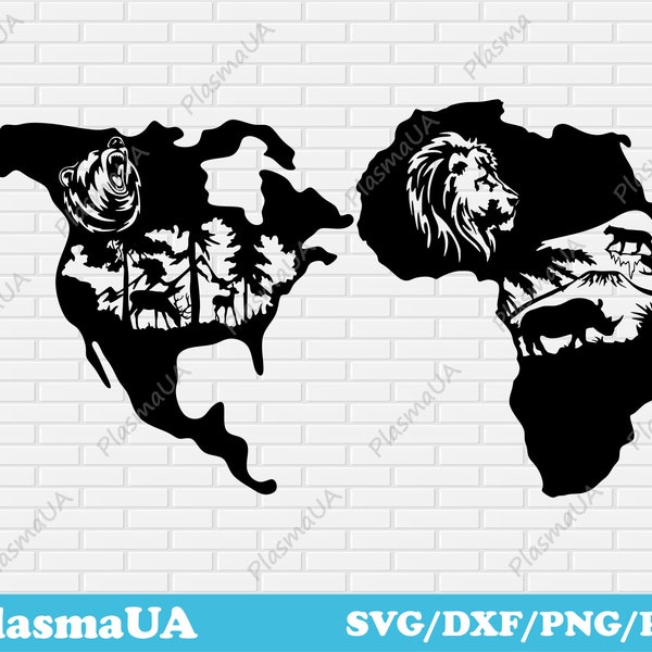 Continents svg, Africa svg, North America svg, lion cut file, bear cut file, home decor svg, cut files for cricut, dxf for laser, dxf cut