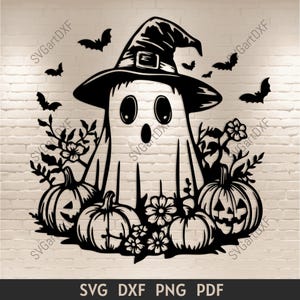 May include: Black and white silhouette of a ghost wearing a witch's hat and surrounded by pumpkins and flowers. The ghost has a surprised expression on its face.