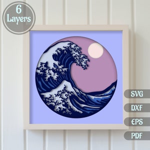 3D Wave Shadow Box Layered Svg, Cut files for Cricut, Dxf for Laser - Silhouette cut, Multilayer Papercut, svg for Cardstock