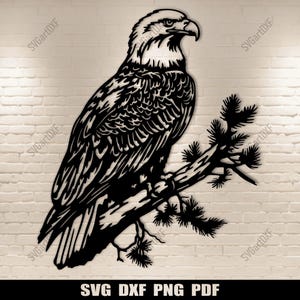 Águia americana sentada em galho Svg para Cricut, Dxf para CNC, design de sublimação, decalques de parede DIY
