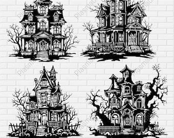 May include: Four black and white silhouette illustrations of haunted houses with spooky trees and fences. The houses have multiple windows and doors. The illustrations are perfect for Halloween decorations or crafts.