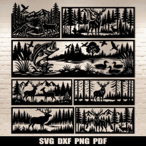 Peut inclure: Panneaux d'art mural en métal noir représentant des scènes de la nature. Les motifs incluent des cerfs, des forêts, des montagnes, un loup, un poisson sautant hors de l'eau, des canards et des arbres. Le bas de l'image porte la mention "SVG DXF PNG PDF".