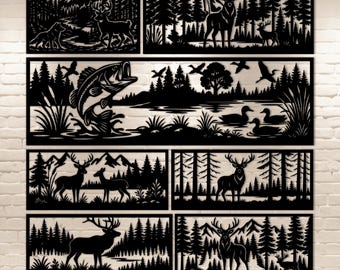 Op de afbeelding: Zwarte metalen wandkunstpanelen met natuurtoneel. Ontwerpen omvatten herten, bossen, bergen, een wolf, een vis die uit het water springt, eenden en bomen. De onderkant van de afbeelding heeft de tekst "SVG DXF PNG PDF".