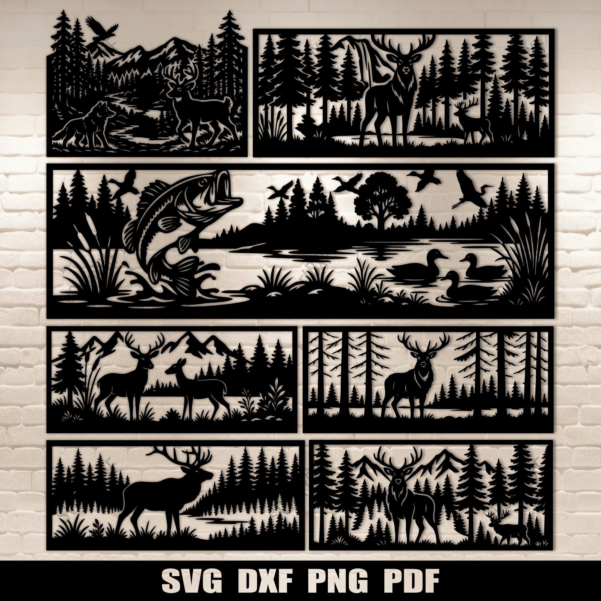 野生動物の森の風景パネル SVG DXF - 手すり 鹿、ヘラジカ、魚、アヒル