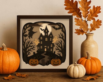 Scatola di ombre a strati 3D spettrale di Halloween SVG DXF EPS / Casa stregata, zucche, fantasmi / File tagliati al laser Cricut Glowforge, arte multistrato