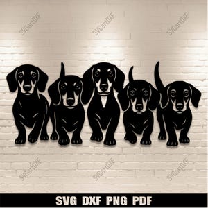 May include: A black metal wall art piece featuring five dachshund dog silhouettes. The dogs are depicted in various poses, with detailed facial features and body shapes. The text "SVG DXF PNG PDF" is at the bottom.