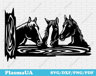 May include: Black silhouette of three horses drinking from a river or lake. The horses are in profile, with their heads bent down to drink. The water is represented by wavy lines.