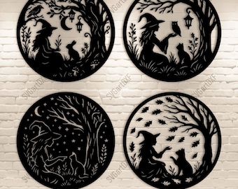 Könnte beinhalten: Vier schwarze, kreisförmige Wandkunstwerke mit Hexensilhouetten in verschiedenen Szenen. Jedes Design enthält eine Hexe, Tiere, Bäume und Himmelselemente. Der Text "SVG DXF PNG PDF" befindet sich unten.
