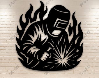 May include: Black metal cutout of a welder in action, surrounded by flames and sparks. The welder is wearing a helmet and holding a welding torch. The image includes the text "SVG DXF PNG PDF" at the bottom.