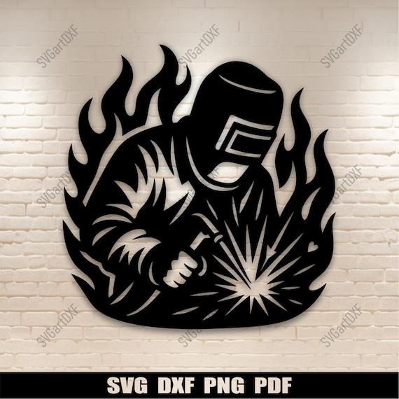 Welder Svg Dxf Png Cut Files – Welding Worker with Flames Design for CNC Laser, Glowforge, Cricut, Silhouette, Metal Art