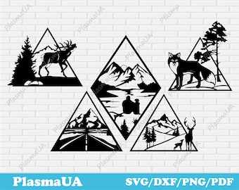 May include: Five black and white silhouette designs of mountain scenes in triangle shapes. The designs include a mountain range with a lake, a mountain range with a road, a mountain range with a couple sitting, a mountain range with a deer, and a mountain range with a fox.