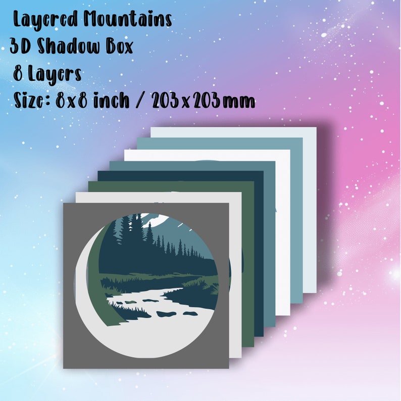 Mountains scene Multilayer 3D Shadow Box Template, SVG for Cricut Silhouette, DXF for Laser Cut, Home Decor Papercut Template, Instant Download