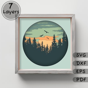 3D Shadow Box Svg, Forest Scene Layered Paper Art, Svg for Cricut, Silhouette Dxf, Home Decor DIY Craft