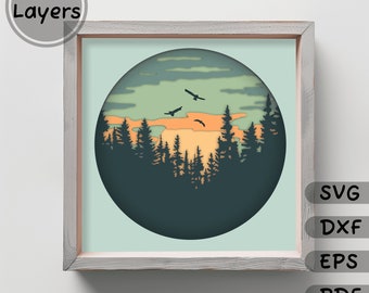 3D Shadow Box Svg, Escena del bosque Arte de papel en capas, Svg para Cricut, Silueta Dxf, Decoración del hogar DIY Craft