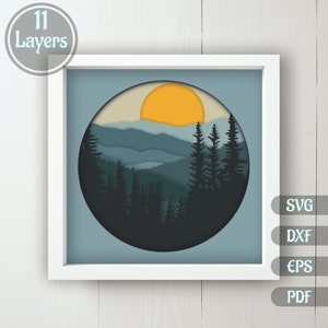 3D Mountains Layered Svg, pliki do cięcia dla Cricut, szablony 3D Shadow Box, Dxf dla Silhouette Studio, Paper Cut Svg, Dxf do cięcia laserowego