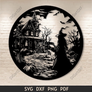 Haunted House Witch Svg for Cricut, Fall Scene Dxf for CNC Laser, Halloween DIY Wall Decal, T-Shirt Design, Craft cut files