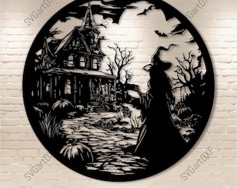 Haunted House Witch Svg for Cricut, Fall Scene Dxf for CNC Laser, Halloween DIY Wall Decal, T-Shirt Design, Craft cut files