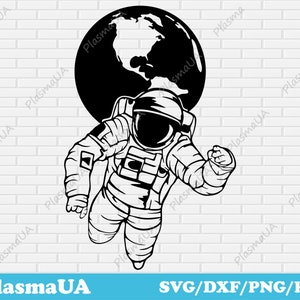 May include: Black and white illustration of an astronaut floating in space with the Earth behind them.