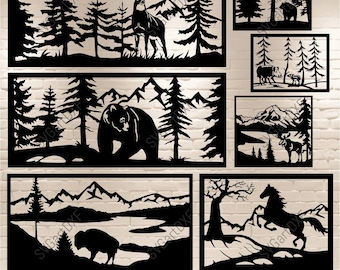 Op de afbeelding: Een set van zes zwart-witte silhouetontwerpen met verschillende bosdieren en landschappen. De ontwerpen omvatten een hert, een beer, een bizon, een paard en een verscheidenheid aan bomen en bergen.