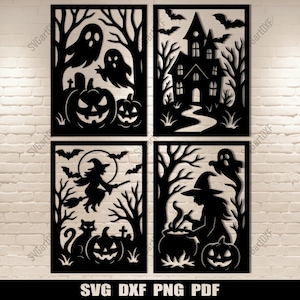 May include: Four black Halloween-themed wall art panels. Each panel depicts a different spooky scene: ghosts and pumpkins, a haunted house, a witch on a broom, and a witch stirring a cauldron. The text "SVG DXF PNG PDF" is at the bottom.