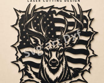 Amerikanischer Hirsch (SVG/DXF), Patriotische Hirsch-Laserschnittdatei, USA-Flagge-Hirsch-Wandbild aus Metall, Jagddeko-CNC-Plasma-Design