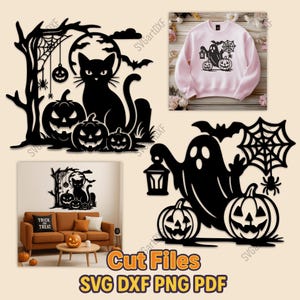 Könnte beinhalten: Schwarze Halloween-Themen-Schnittdateien mit einer Katze, Kürbissen, Fledermäusen und einem Spinnennetz. Ein rosa Sweatshirt mit einem Geister-, Laternen- und Kürbis-Design ist ebenfalls abgebildet. Die Wörter "Cut Files" und "SVG DXF PNG PDF" werden angezeigt.