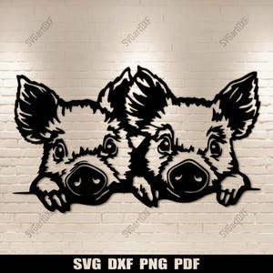 May include: Black and white silhouette of two pig faces peeking over a surface. The pigs have large ears and snouts.