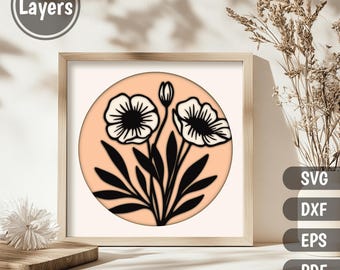 Flowers 3D Shadow Box, Layered Svg files for Cricut & CNC, Multilayer paper craft design, DIY Home decor