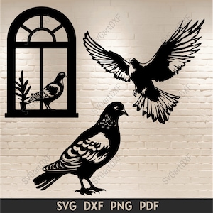 May include: Black silhouette of a window with a bird inside and two birds flying outside. The window has a curved top and a single pane of glass. The birds are in flight and have their wings spread wide. The image is set against a white brick wall.