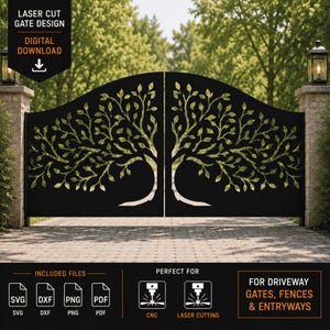 May include: A black metal double gate featuring a laser-cut tree design with branches and leaves. The gate is positioned between two stone pillars. Text on the image includes LASER CUT GATE DESIGN, DIGITAL DOWNLOAD, INCLUDED FILES, and SVG DXF PNG PDF.