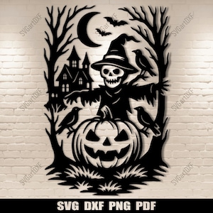 May include: Black Halloween-themed wall art featuring a scarecrow with a skull face, wearing a witch hat, and standing in front of a carved pumpkin. The design includes a haunted house, crows, bats, and a crescent moon. The text "SVG DXF PNG PDF" is at the bottom.