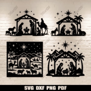 Könnte beinhalten: Schwarze Metall-Weihnachtskrippen-Ausschnitte. Das Bild zeigt vier verschiedene Designs, die jeweils die Weihnachtskrippe mit Silhouetten von Maria, Josef, dem Jesuskind, Tieren und Sternen darstellen. Der Text "SVG DXF PNG PDF" befindet sich unten.