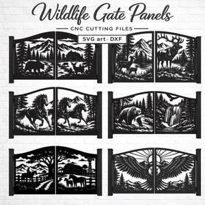 May include: Black metal wildlife gate panels with CNC cutting files. Designs include bears, deer, horses, and an eagle. The text "Wildlife Gate Panels" and "SVG art. DXF" are displayed at the top.