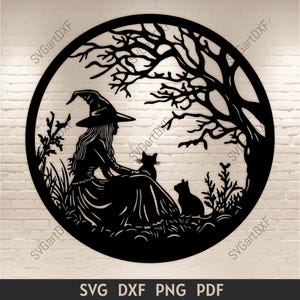Sorcière d'Halloween et chats SVG pour Cricut, fichiers de découpe Silhouette sorcière, DXF pour découpe laser, sticker Halloween