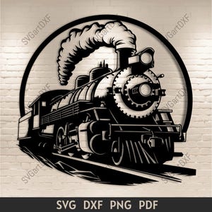 Tren de vapor antiguo SVG para Cricut, silueta, locomotora de ferrocarril DXF para láser CNC, clipart de tren, archivos de corte por plasma, decoración de pared metálica DIY