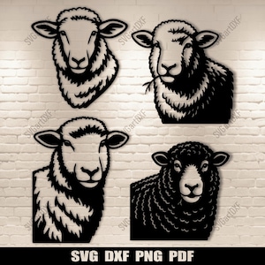 Könnte beinhalten: Vier schwarz-weiße Schafkopf-Ausschnitte. Jedes Schaf hat ein einzigartiges Design mit unterschiedlichen Wolltexturen und Posen. Der untere Teil des Bildes zeigt den Text "SVG DXF PNG PDF".