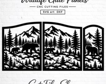 Bear Gate DXF SVG, Wildlife Metal CNC Plasma Cut Files, Mountain Forest Driveway Gate