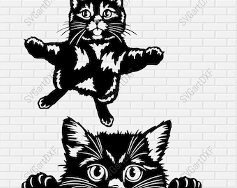 May include: A black and white digital illustration of a cat peeking from behind a surface. The cat has large eyes and a playful expression. The cat is looking directly at the viewer.