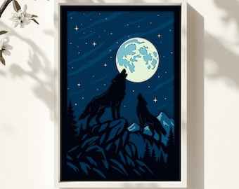Op de afbeelding: Een ingelijste kunstdruk met twee wolven die naar de maan huilen in een nachtscène. De afbeelding toont een donkerblauwe hemel met sterren, een volle maan en een bergketen met bomen op de achtergrond.