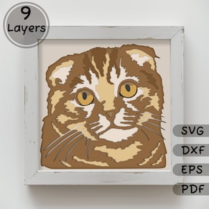 May include: A digital illustration of a brown and white tabby cat with yellow eyes. The cat is looking directly at the viewer. The image is in a white frame with the words "SVG, DXF, EPS, PDF" in the bottom right corner.