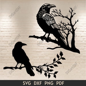 May include: Two black silhouette ravens perched on bare branches. The raven on the left is facing the viewer, while the raven on the right is facing away from the viewer. The branches are bare and have a few leaves.