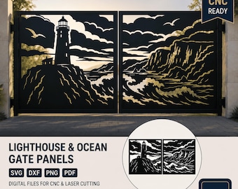 Lighthouse Gate Panel DXF SVG, Ocean Wave Metal Gate Design, Coastal CNC Plasma Laser Cut Files, Nautical Fence Insert