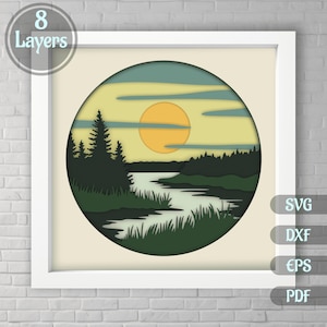 3D Shadow Box Svg, 3d River scene Layered Svg, Cutting files for Cricut, 3d home decor, nature scene svg, Paper 3d art, Eps files