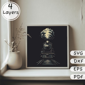 Oude trein gelaagde SVG voor Cricut & silhouet, 3D Shadow Box-sjabloon, meerlaagse trein DXF voor lasersnijden, Glowforge-gesneden bestanden
