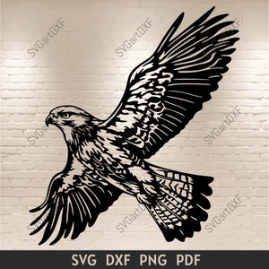 Flying Hawk DXF para corte a laser, SVG para Cricut, design de camiseta com cena de pássaro, corte a plasma CNC, arte de decoração de parede vetorial, clipart de águia