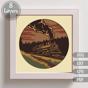 May include: A layered papercraft design of a vintage steam train with smoke billowing from the chimney, traveling through a forest at sunset. The design is in a circular frame with a yellow background.