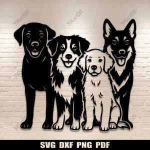 Peut inclure: Silhouette noire et blanche de chiens, représentant un Labrador, un Border Collie, un chiot Golden Retriever et un Berger Allemand. L'œuvre est affichée sur un mur de briques blanches. Le texte "SVG DXF PNG PDF" est en bas.