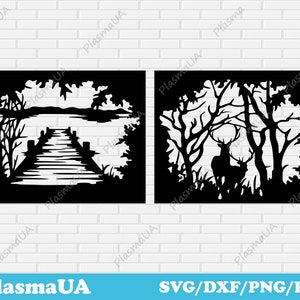 Dxf-Dateien, Landschaft Clipart, Natur Szene svg, Landschaft druckbare, Hirsch geschnitten Datei, Wildtiere Szene, Dxf-Dateien für Laser, Dxf-Dateien für cnc