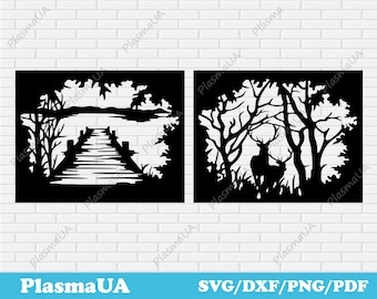 Dxf-bestanden, landschap clipart, natuur scène SVG, afdrukbare landschap, herten gesneden bestand, Wildlife scene, DXF-bestanden voor laser, DXF-bestanden voor CNC